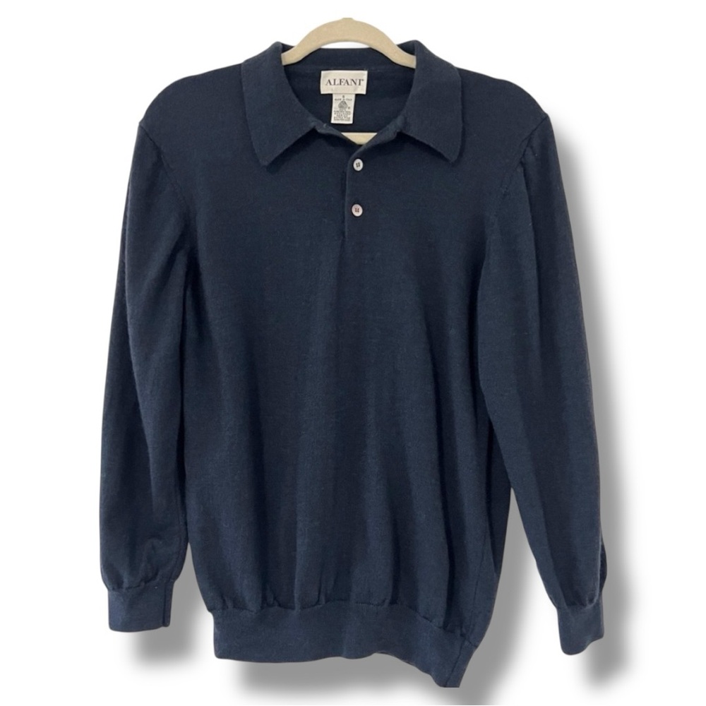 Alfani 100% Wool Navy Blue collared‎ 3 Button Pullover Sweater Mens Sz Small